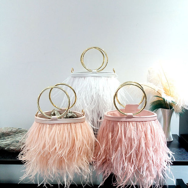 Luxury Ostrich Feathers Bucket Handbag