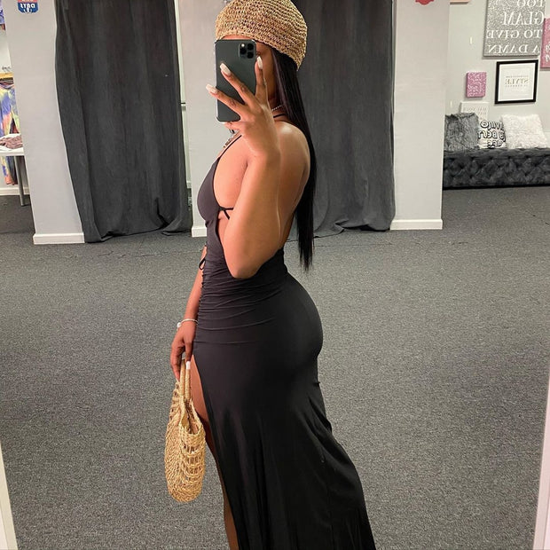 Black Asymmetric High Split Maxi Dress